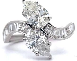 3 Carat Diamond Pear & Baguette Trellis Leaf Ring in 14k White Gold