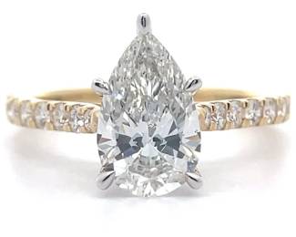 Sparkling 2.08 Carat Pear Diamond Pavé Ring in 14k Yellow Gold