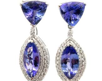 10.30 Carat Tanzanite & Pavé Natural Diamonds Double Drop Earrings in Platinum