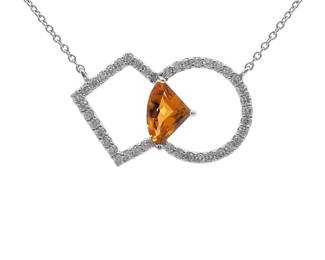 0.63 Carat Citrine & Natural Diamond Retro Geometric Halo Necklace in 14k White Gold