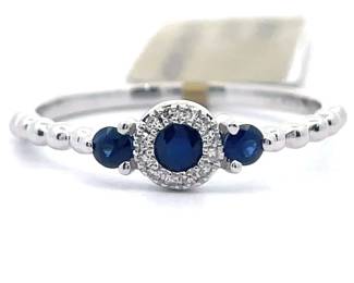 0.29 Carat Blue Sapphire & Natural Diamond Halo Three-Stone Delicate Ring in 14k White Gold