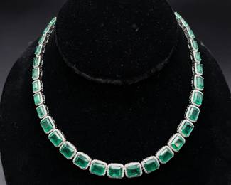 Statement 67.59 Carat Natural Emerald & Natural Diamond Halo Necklace in Platinum