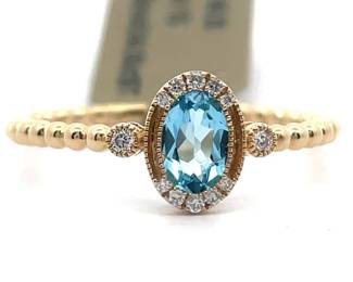 0.58 Carat Oval Blue Topaz & Natural Diamond Vintage Style Ring in 14k Yellow Gold