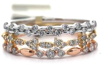 0.50 Carat Diamond Slim Set of 3 Stacking Rings in 14k Tri-Color Gold