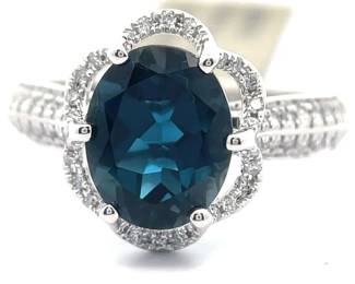 3.45 Carat London Blue Topaz & Natural Diamond Floral Halo Ring in 14k White Gold