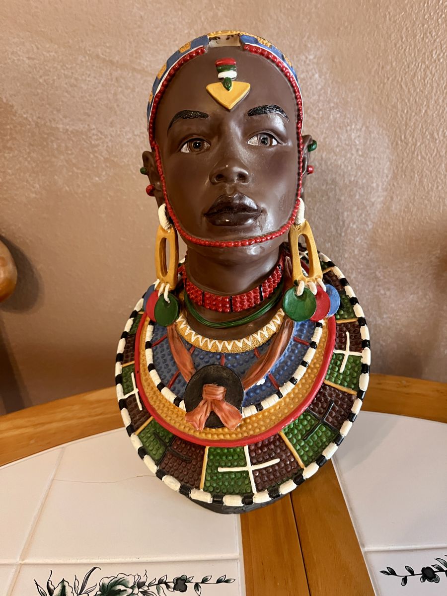 Maasai/African Ethnic Tribal Man/Warrior Bust Sculpture, adorned with traditional Maasai jewelry