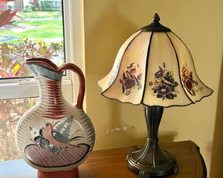 Dale Tiffany Lamp with Hand-Painted Shade, and Vintage Tonala Pitcher