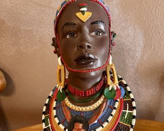 Maasai/African Ethnic Tribal Man/Warrior Bust Sculpture, adorned with traditional Maasai jewelry