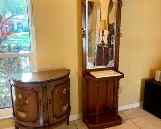 Vintage French Provincial hand-painted demilune cabinet, and vintage Pulaski hall tree with an etched mirror, marble top, and coat hooks.