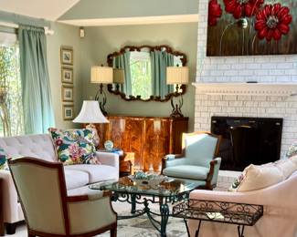 Maxx Studio dueling sofas! MCM recently recovered chairs, glass and metal coffee table, MCM Gilt mirror, burled wood sideboard ...