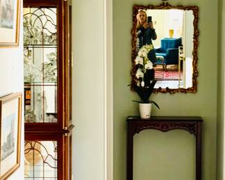 Gilt Mirror, small console tables, curio cabinet, Heisey glass (and where is Waldo? - lol)