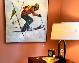 Original MCM art, Bassett Sleeper Sofa, Modern Lamps, art glass, Howard Miller Clocks