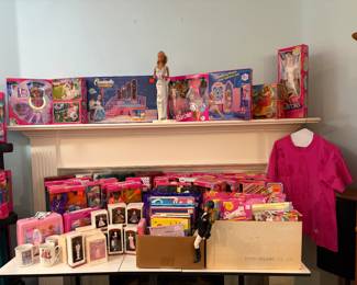 Large selection of Vintage Barbies in original boxes. Vintage Barbie Festival Tshirt