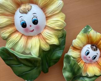 Vintage Japan Anthropomorphic Sunflower wall pockets