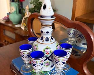 Vintage Bohemian Crystal Glass White Overlay Enamel Cut to blue Decanter