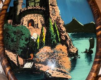 Antique reverse glass On The Danube castle painting convex glass Framed
