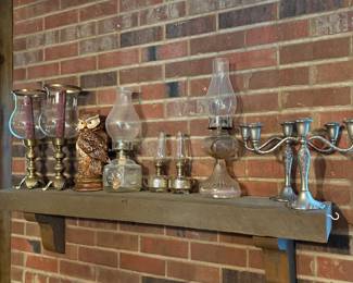 Oil lamps, brass candlesticks w hurricane glasses, candelabra sets