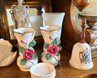 Milk glass vase, Capodimonte-style vases, Normal Rockwell bell