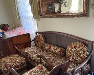 Gorgeous rattan backed couch, chair and rocker