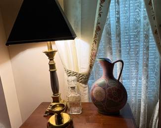 Brass lamp, cut glass decanter, brass spittoon, large clay pitcher