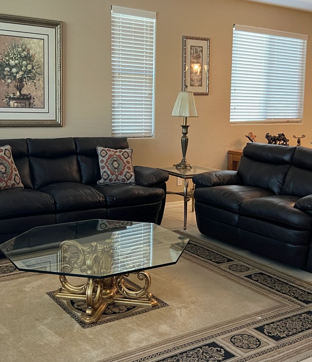 Sofa (as is), Loveset, Coffee Table and 2 End Tables, Table Lamps pr, Area Rug, Art