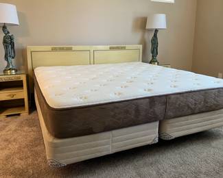 Vintage King Bedroom Suite: King Headboard, Dresser, Highboy, 2 Nightstands, Table Lamps pr