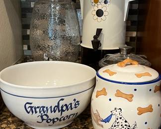 Grandpa's Popcorn Bowl, Vintage Coffee Dispenser, Dog Treats Jar