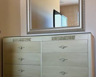 Vintage King Bedroom Suite: King Headboard, Dresser, Highboy, 2 Nightstands, Table Lamps pr, Mirror
