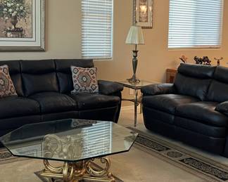 Sofa (as is), Loveset, Coffee Table and 2 End Tables, Table Lamps pr, Area Rug, Art