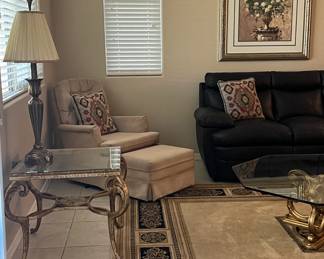 Sofa (as is), Loveset, Coffee Table and 2 End Tables, Table Lamps pr, Area Rug, Art