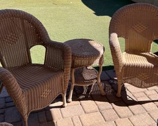 Patio Wicker Settee, 2 Chairs  and 3 Side Tables 