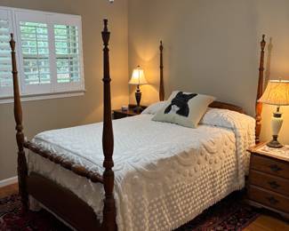 Four poster full size bed with mattress /box spring. The area rug in this room is also for sale.