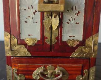 NIBVintage Oriental Chinese Wooden Jewelry Box Brass Ornate Carved Jade Inlaid