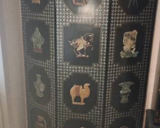 Vintage Asian Black Lacquer 3Panel Room Divider Screen with Jade and Mother of Pearl Inlay