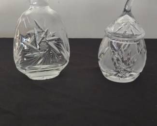 vintage crystal decanter, vintage crystal sugar bowl with a lid