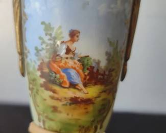 antique French Porcelain Gilt Bronze Serves Style Scenic Vase Table Lamp