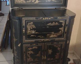 vintage Chinese black lacquer Chinoiserie bar cabinet