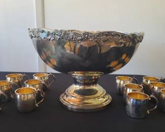 Vintage F.B. Rogers Silver Plate Regency Style Shell and Grape Punch Bowl