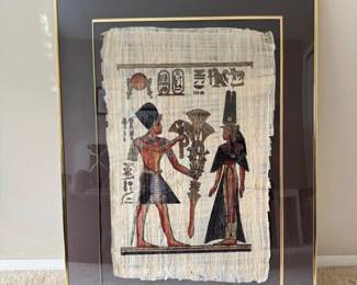 63 FramedEgyptianPapyrusArtworkPharaohQueenSceneSigned