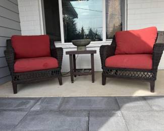 100 2WickerPatioChairsWoodTableSmallConcreteFountain