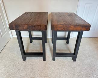 61 PairofRusticWoodMetalEndTablesThickSlabTops