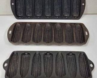 2 THREE Cast Iron Corn Bread Pans. Old Mountain, Lodge and one Marked 27 C