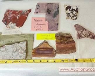 1 JASPER, RHODONITE, TOURMALINE a couple that are possibly RHYOLITE or WONDERSTONE