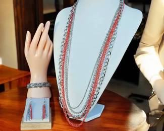 Fall Vibes Five Strand Long Orange  Silver Necklace With Matching Earrrings  Stretch Bracelet 