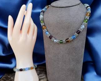 Fauceted Glass MultiColored Necklace  Matching Bracelet