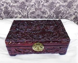 Vintage Chinese Wood Carved Jewelry Box