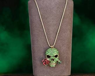 Green Rhinestone Skeleton With Rose Necklace 