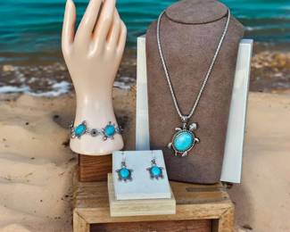 Three Piece Turtle Jewelry Set Necklace, Bracelet  Earrings