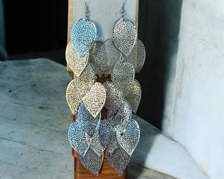 Long Drop Dangle Leaf Earrings Silver Colored