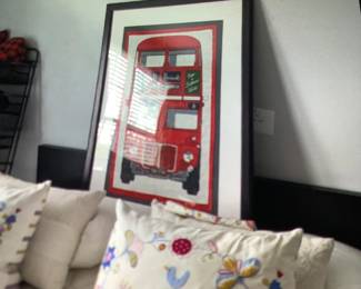 Harrods London Red Double Decker Bus  Linen Tea Towel Framed Art